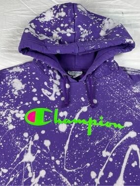 Vtg Y2K Champion Reverse Weave Purple Hoodie with Bleach Splatter AOP Logo